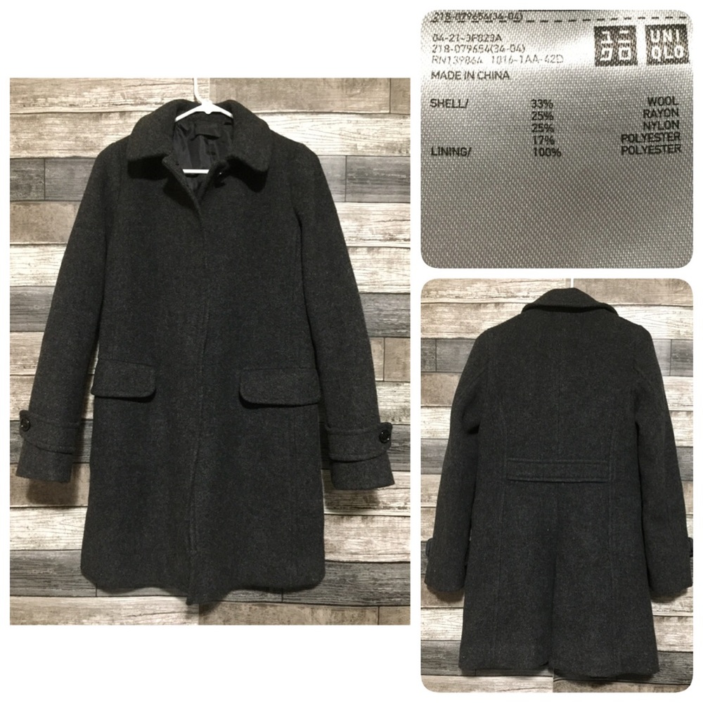 Uniqlo Wool Blend Long Coat Women’s S Gray No Show Button Front Pockets